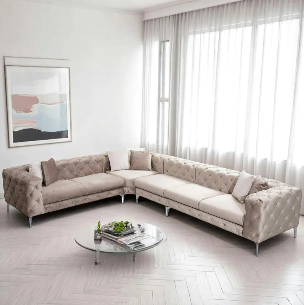 Canapé d'angle beige en velours capitonné - côté gauche DOVER