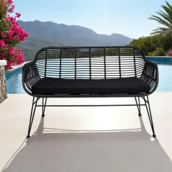 Canapé de jardin en résine tressée avec coussin d'assise noir IBIZA