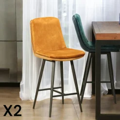 Chaise de bar en velours bleu à double coussinage (lot de 2) OKA