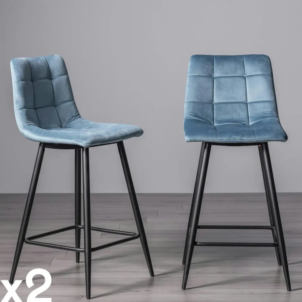 Chaise de bar en velours bleu motif carreaux (lot de 2) ALTA