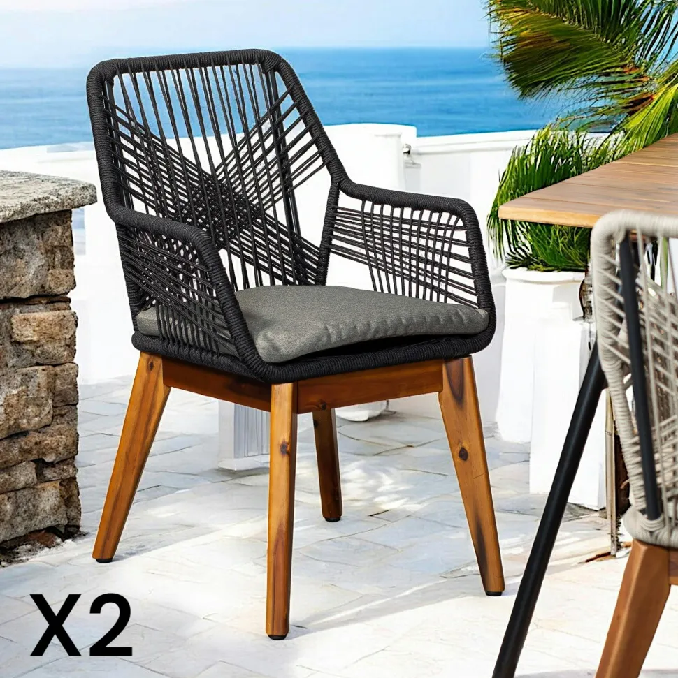 Chaise de jardin beige en corde tressée et pieds bois FSC® (lot de 2) GRENADE