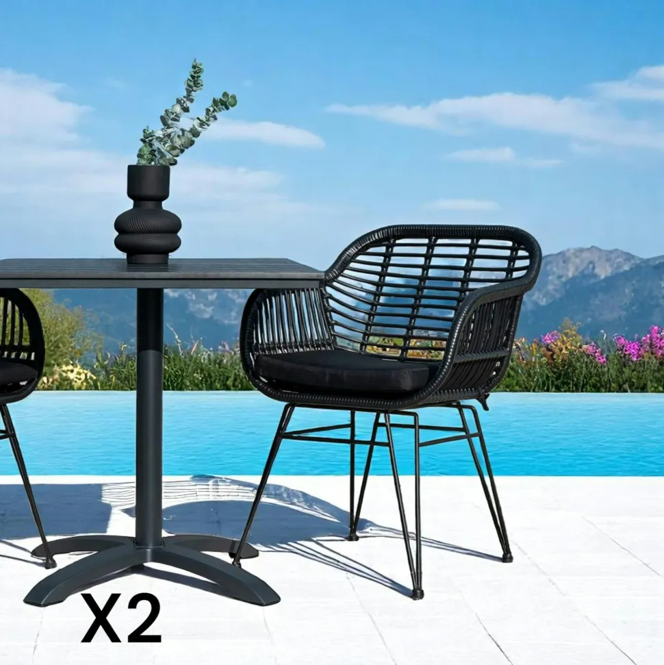 Chaise de jardin noire en rotin synthétique avec accoudoirs et coussin d'assise (lot de 2) IBIZA