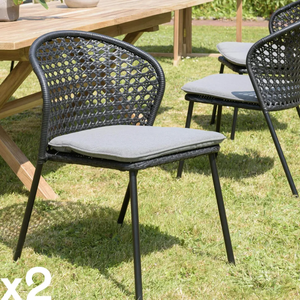 Chaise de jardin rotin synthétique couleur naturelle avec coussin noir (lot de 2) GIJON