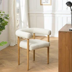 Chaise dossier arrondi tissu bouclette blanc TIM