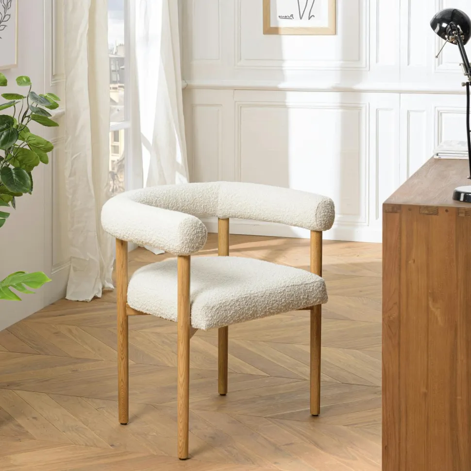 Chaise dossier arrondi tissu bouclette blanc TIM