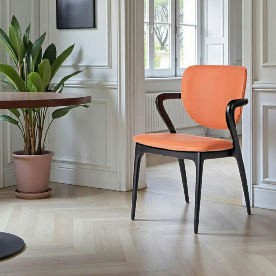 Chaise en cuir marron, accoudoirs bois brun ALDER