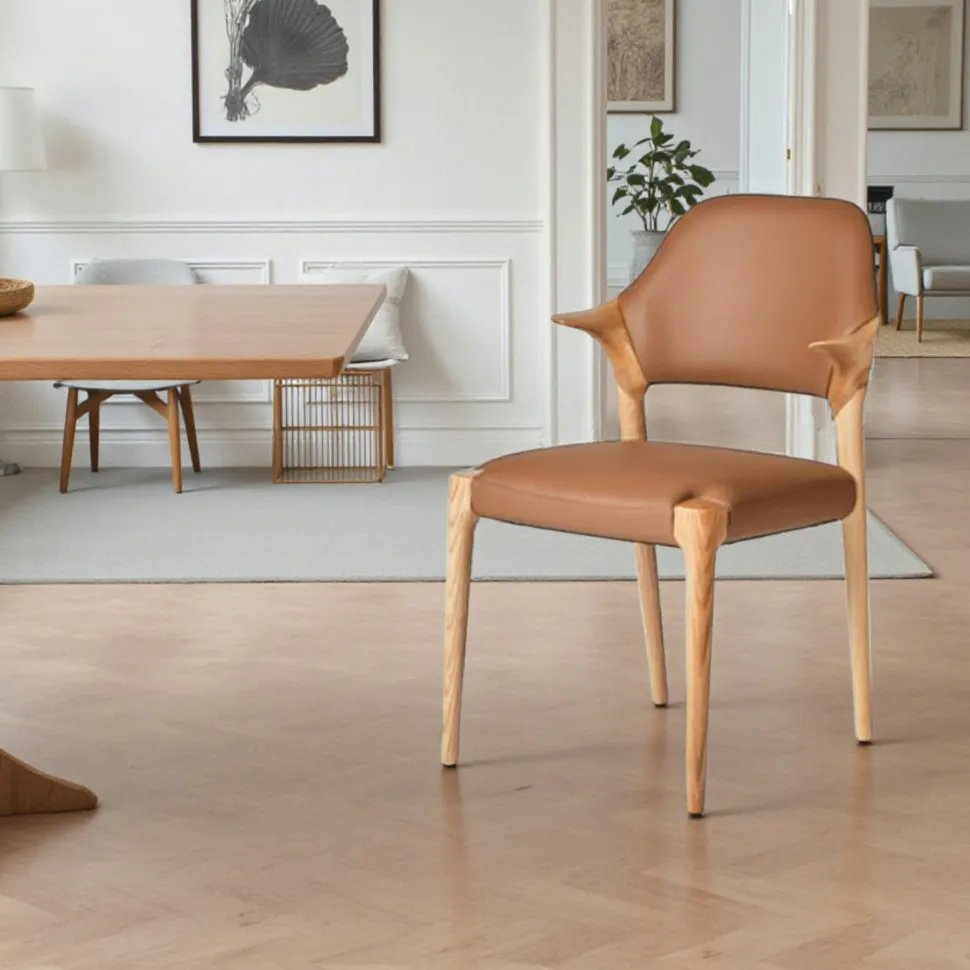 Chaise en cuir marron design, accoudoirs bois noir ALDER