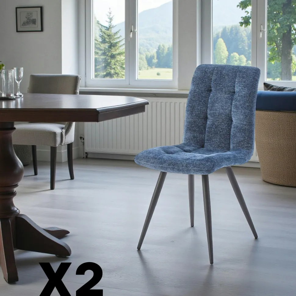 Chaise en tissu bleu motif damier (lot de 2) LOMBARDIE