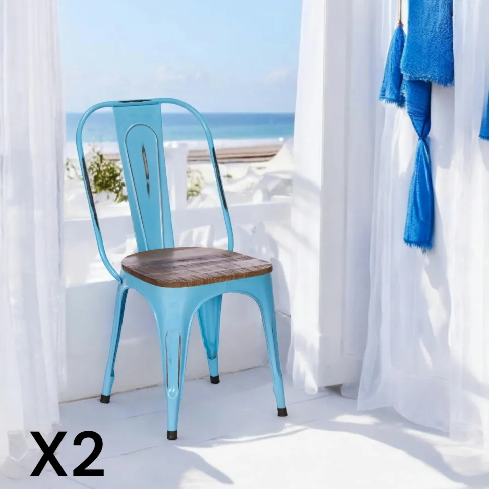 Chaise industrielle métal bleu bois recyclé LEEDS (lot de 2)