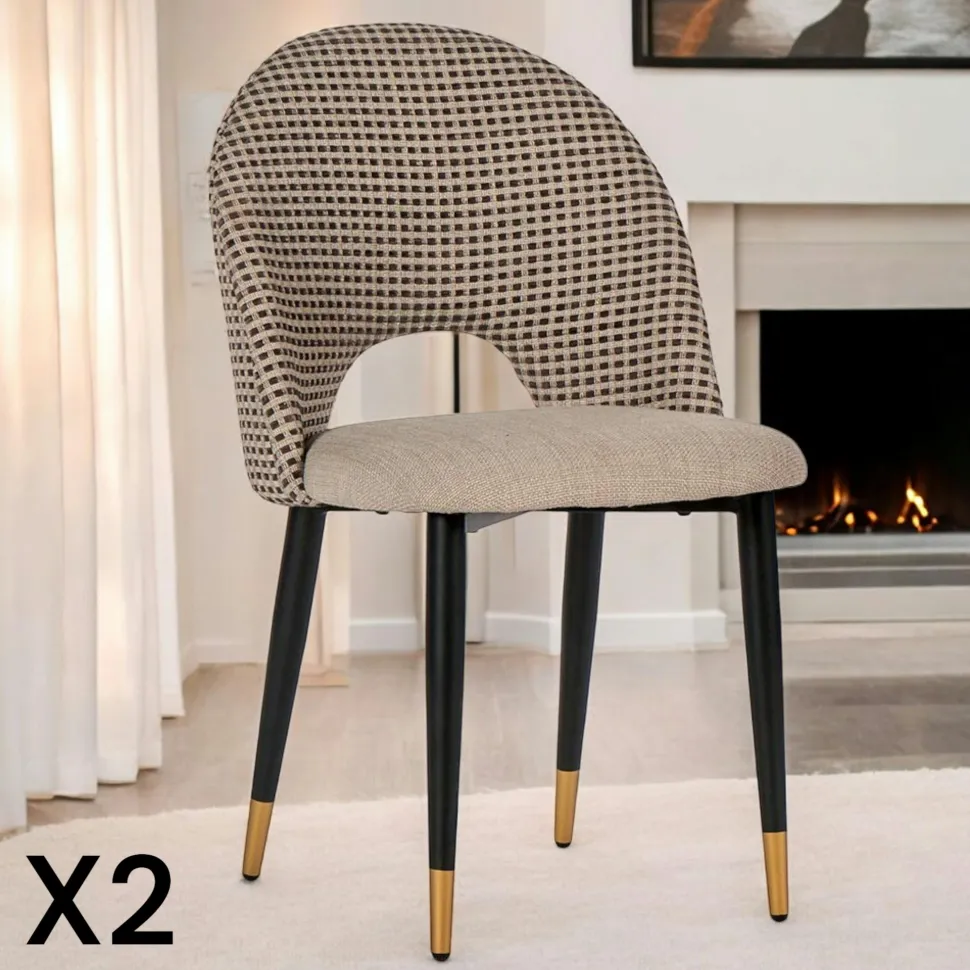 Chaise salle à manger tissu quadrillé taupe (lot de 2) MALMOE