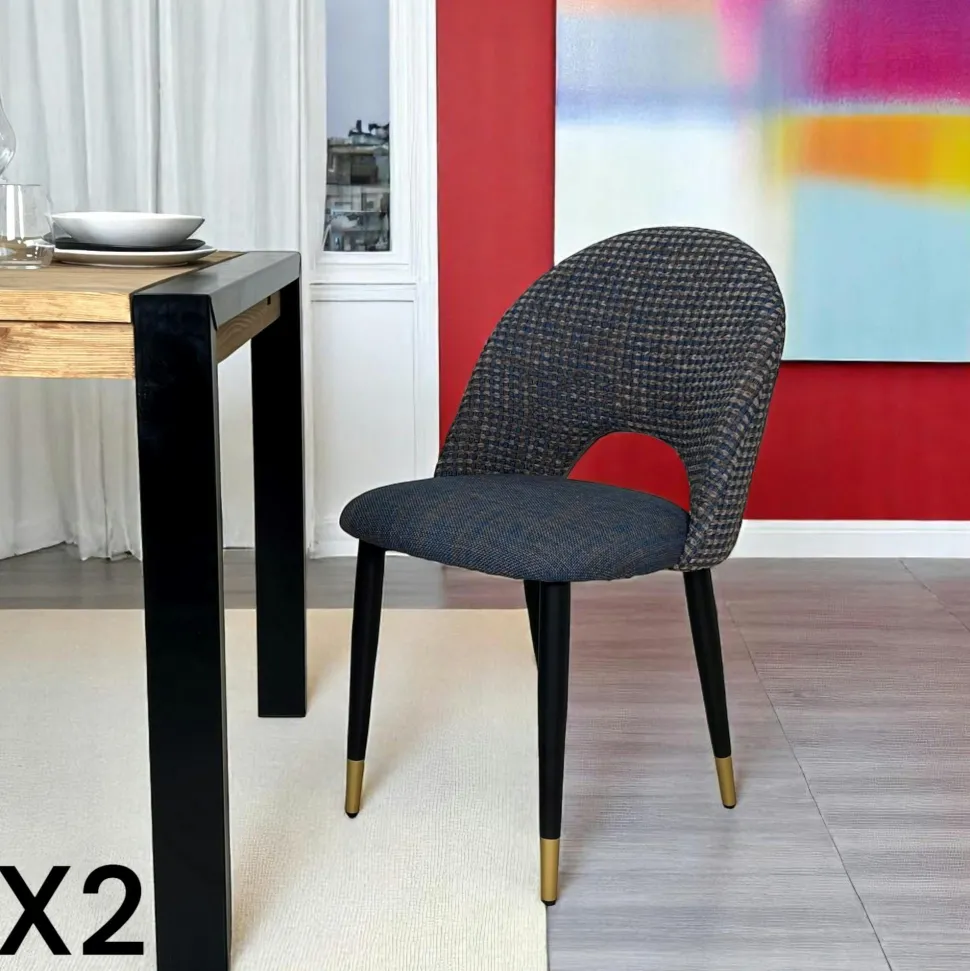 Chaise salle à manger tissu quadrillé bleu foncé (lot de 2) MALMOE