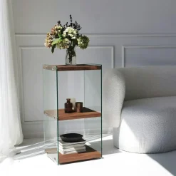 Colonne vitrine design - bois gris foncé, 3 plateaux LHASA