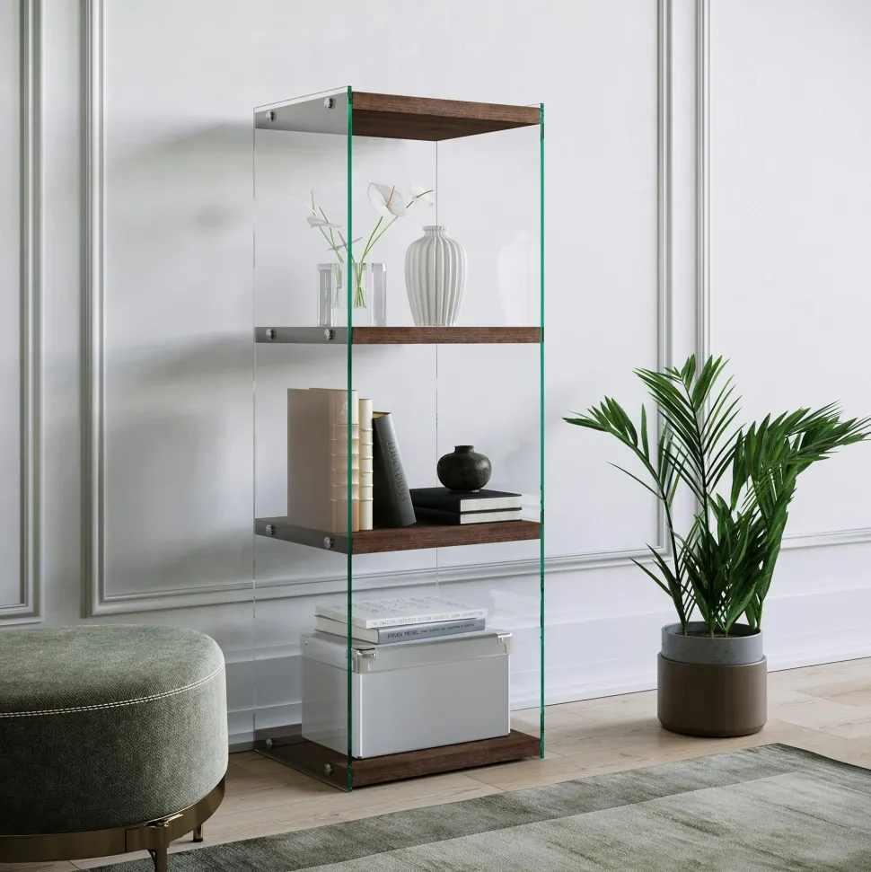 Colonne vitrine design - bois brun, 4 plateaux LHASA