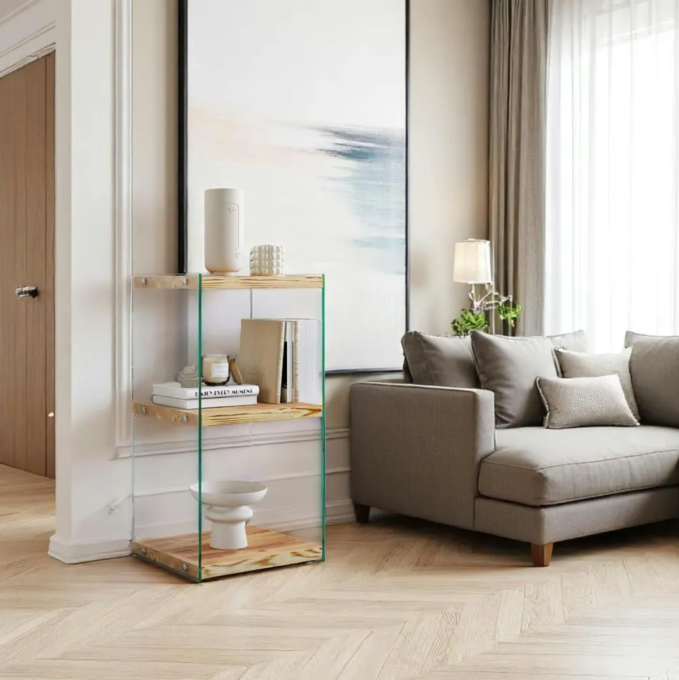 Colonne vitrine design - bois clair, 3 plateaux LHASA