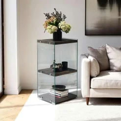 Colonne vitrine design - bois clair, 3 plateaux LHASA