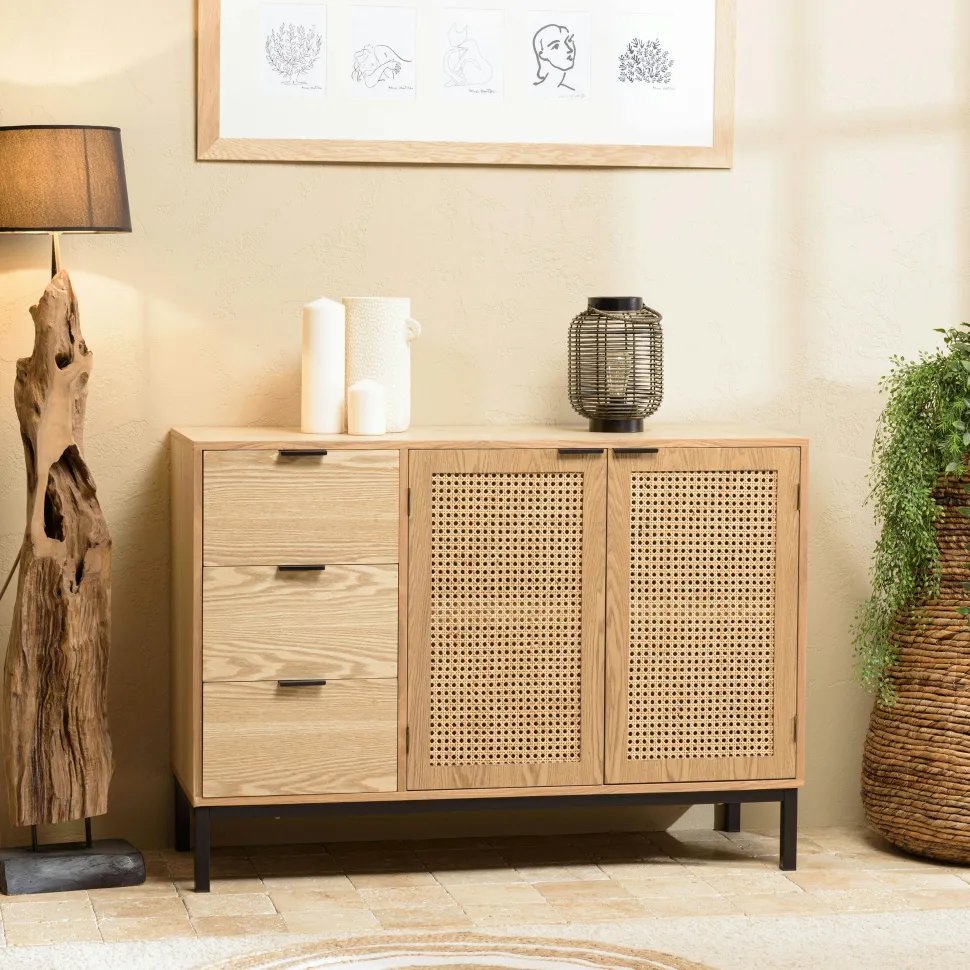 Commode 3 tiroirs cannage en rotin 80 cm PALMA
