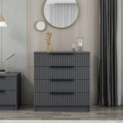 Commode chambre 4 tiroirs, façade grise rainurée BYRON