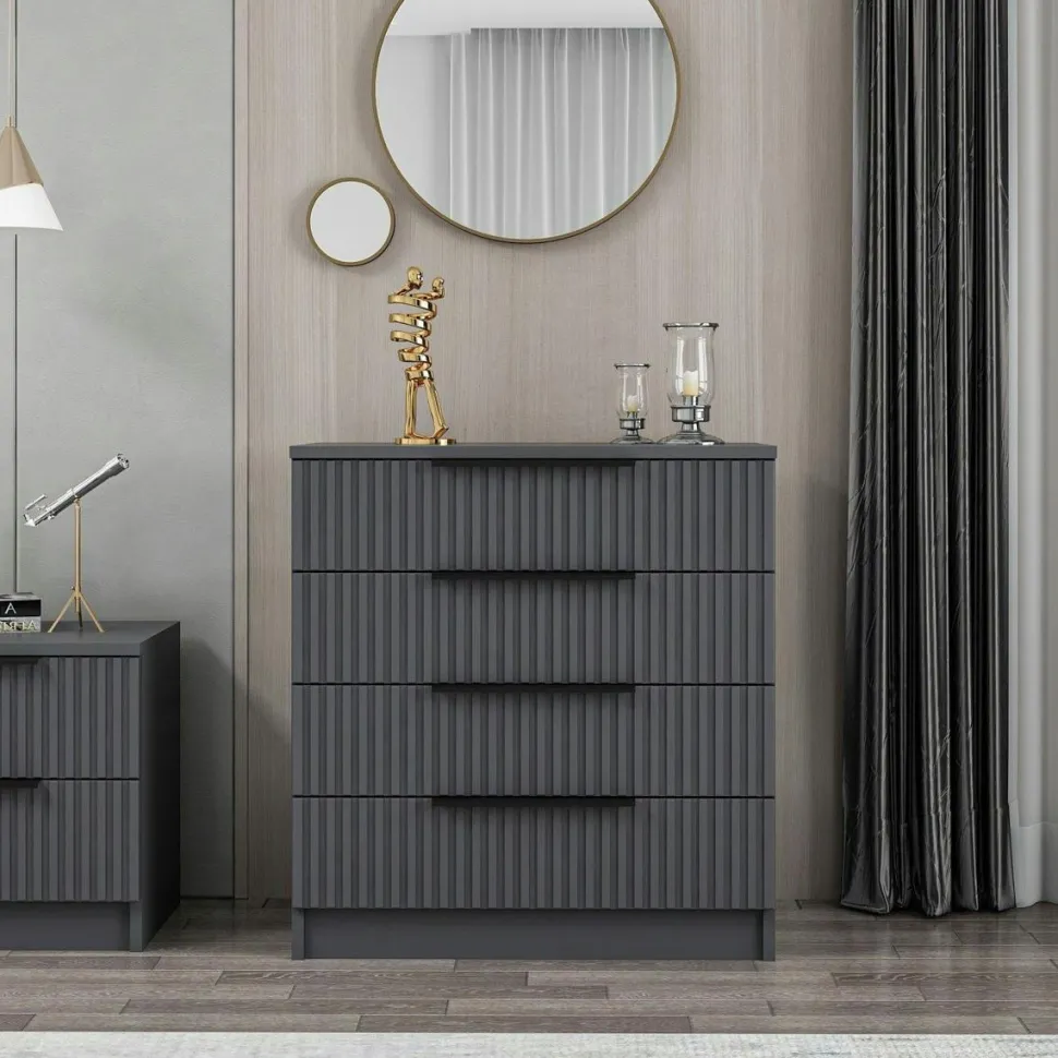 Commode chambre 4 tiroirs, façade grise rainurée BYRON