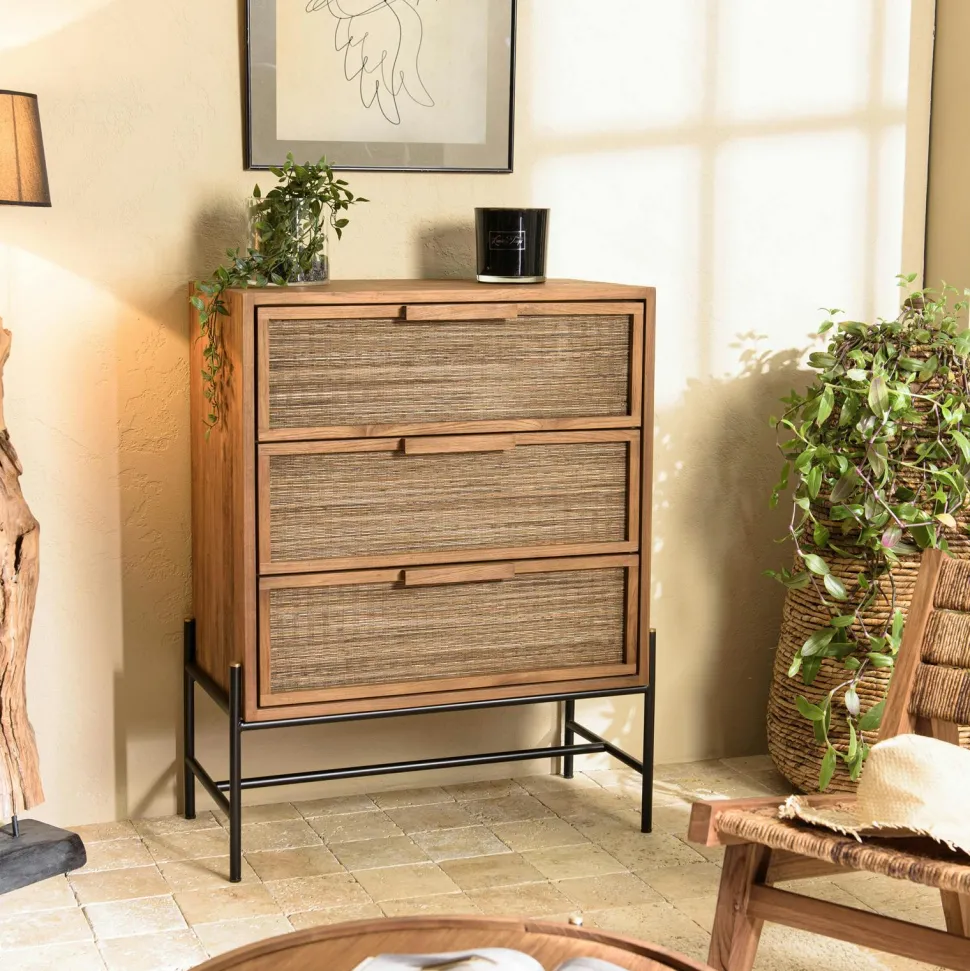 Commode en teck recyclé 3 tiroirs tressage coco SWING