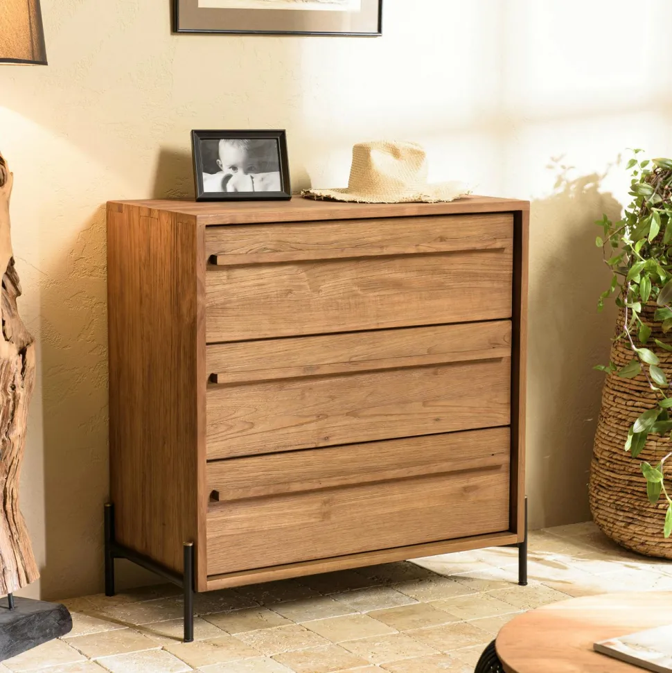 Commode en teck recyclé 3 tiroirs tressage coco SWING
