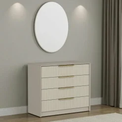Commode moderne beige 4 tiroirs, miroir assorti BYRON