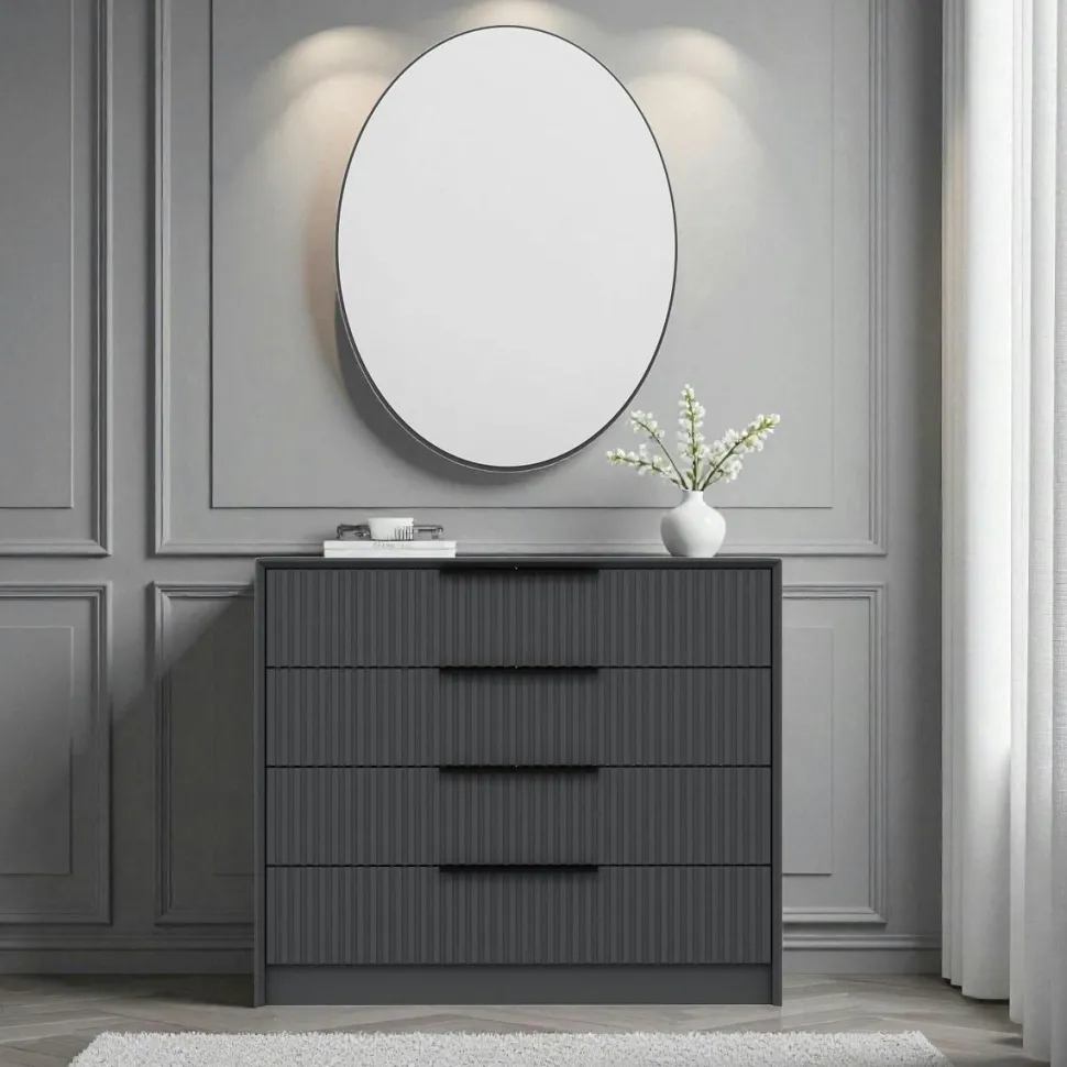Commode moderne grise 4 tiroirs, miroir assorti BYRON