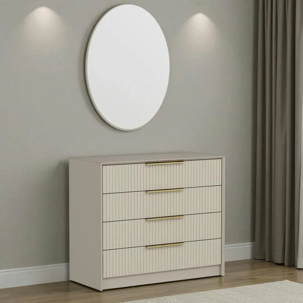 Commode moderne grise 4 tiroirs, miroir assorti BYRON