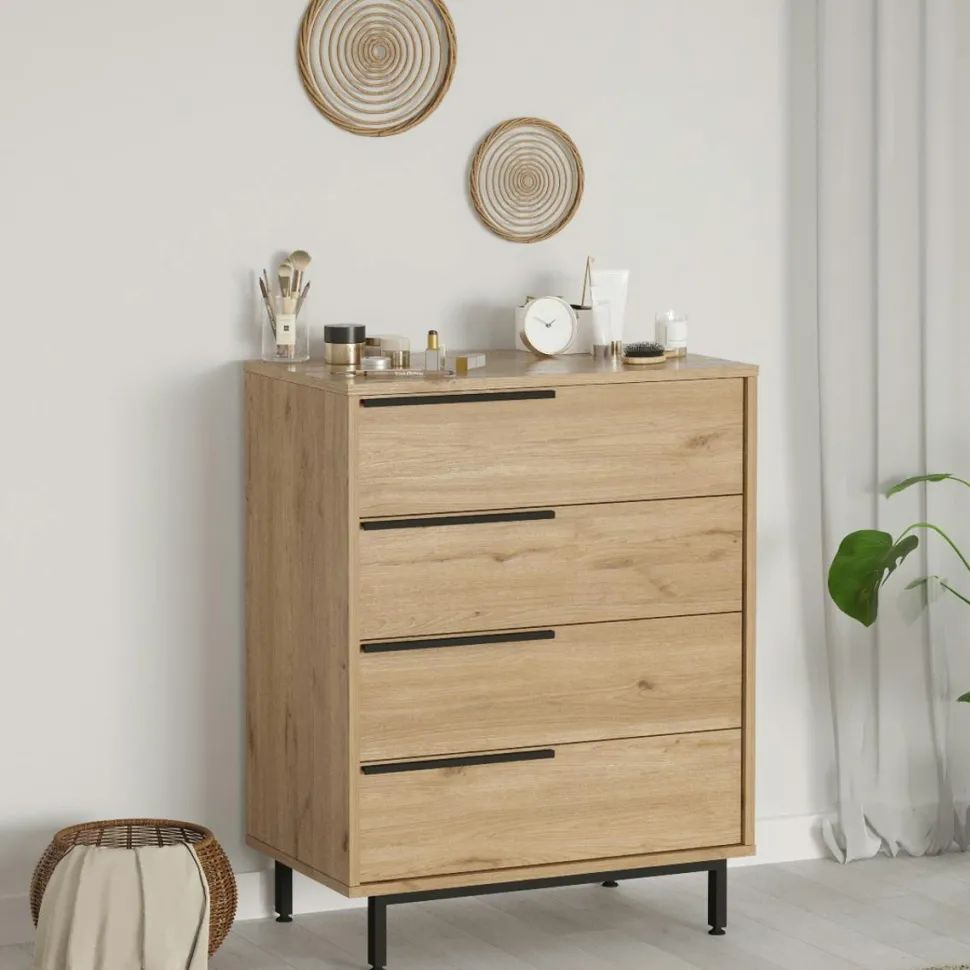 Commode rangement 4 tiroirs à détails noirs, effet bois JENA