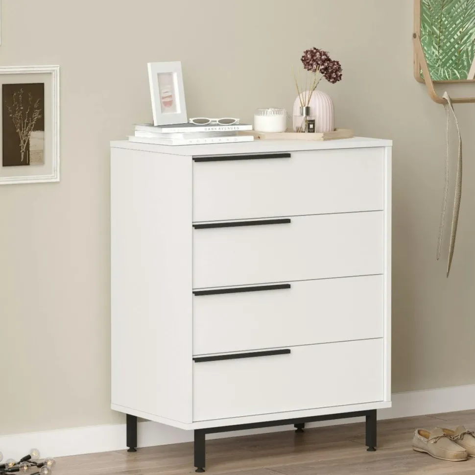 Commode rangement 4 tiroirs à détails noirs, effet bois JENA