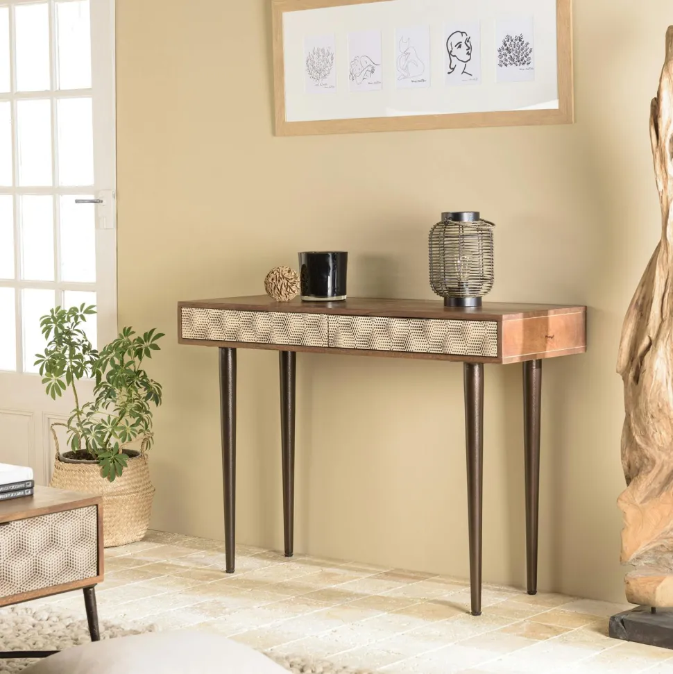 Console contemporaine bois exotique pieds métal 2 tiroirs effet graphique KANHA