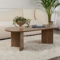 Console de salon ovale effet noyer foncé - pieds en V MARFA