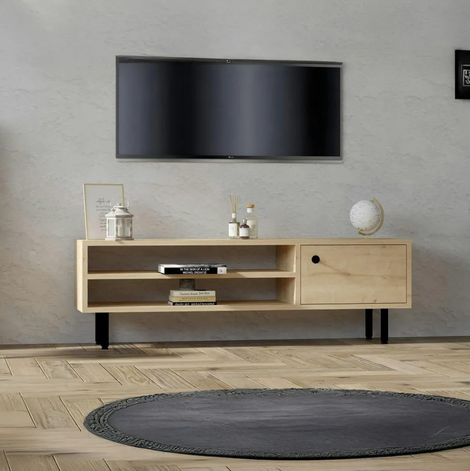 Console d'entrée avec rangement 3 niches, effet chêne JENA