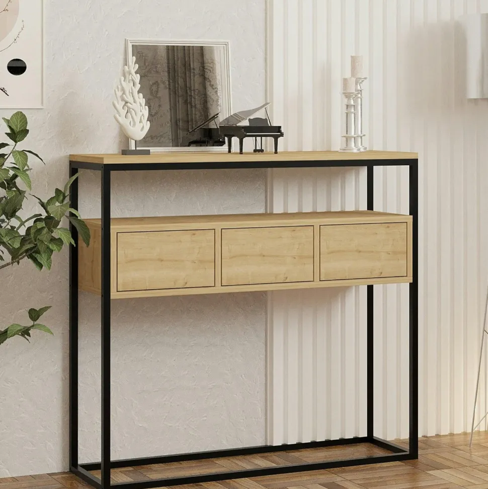 Console d'entrée avec rangement, effet bois clair JENA