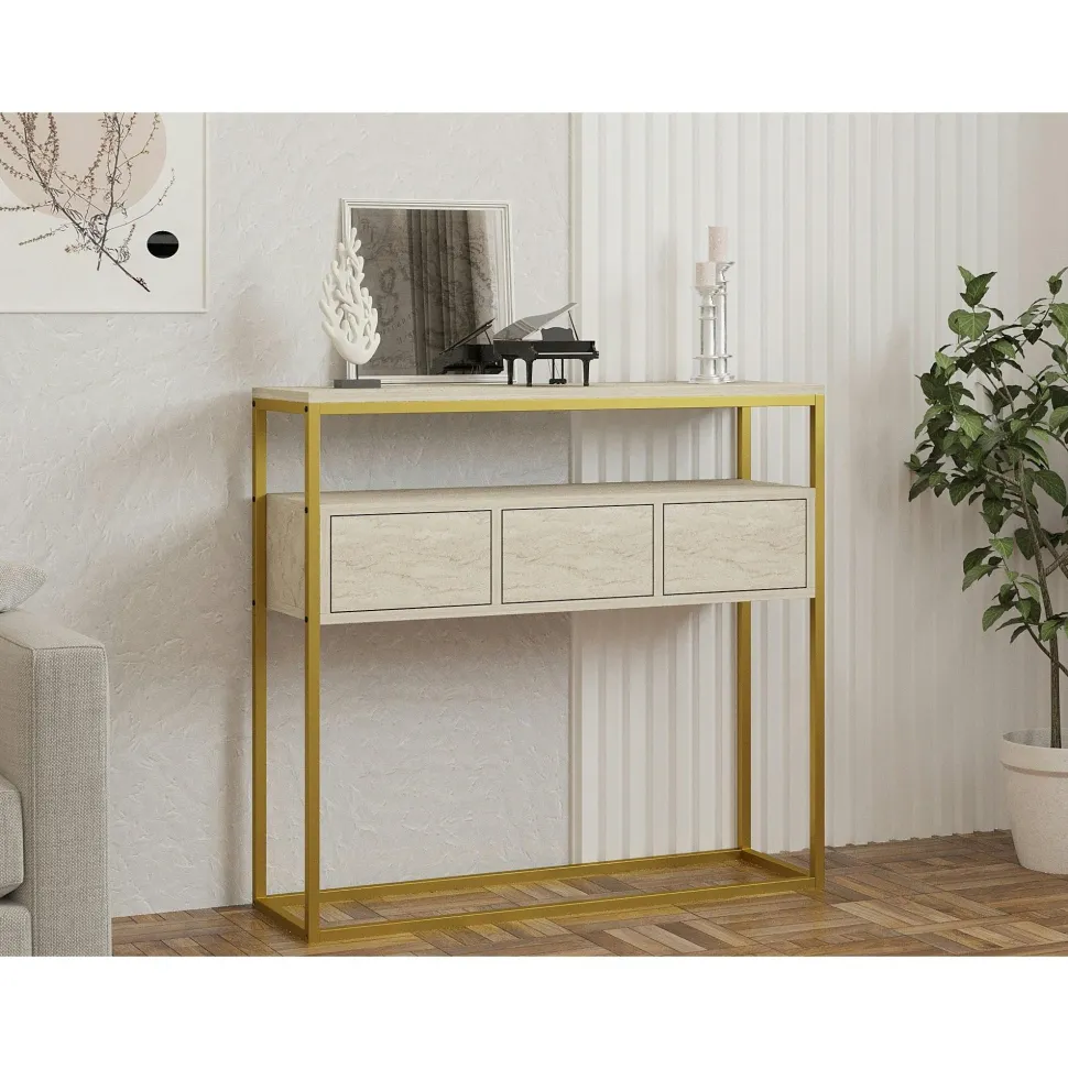 Console d'entrée rangements fermés, effet marbre beige JENA