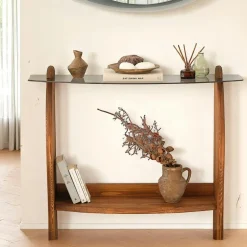 Console d'entrée vintage - bois brun, verre ANZIO