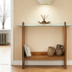 Console d'entrée vintage - bois brun, verre teinté ANZIO