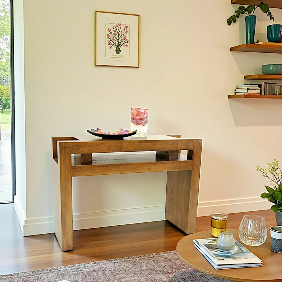 Console Hévéa 2 niches intégrées dans son double plateaux 110x40x78cm OLGA