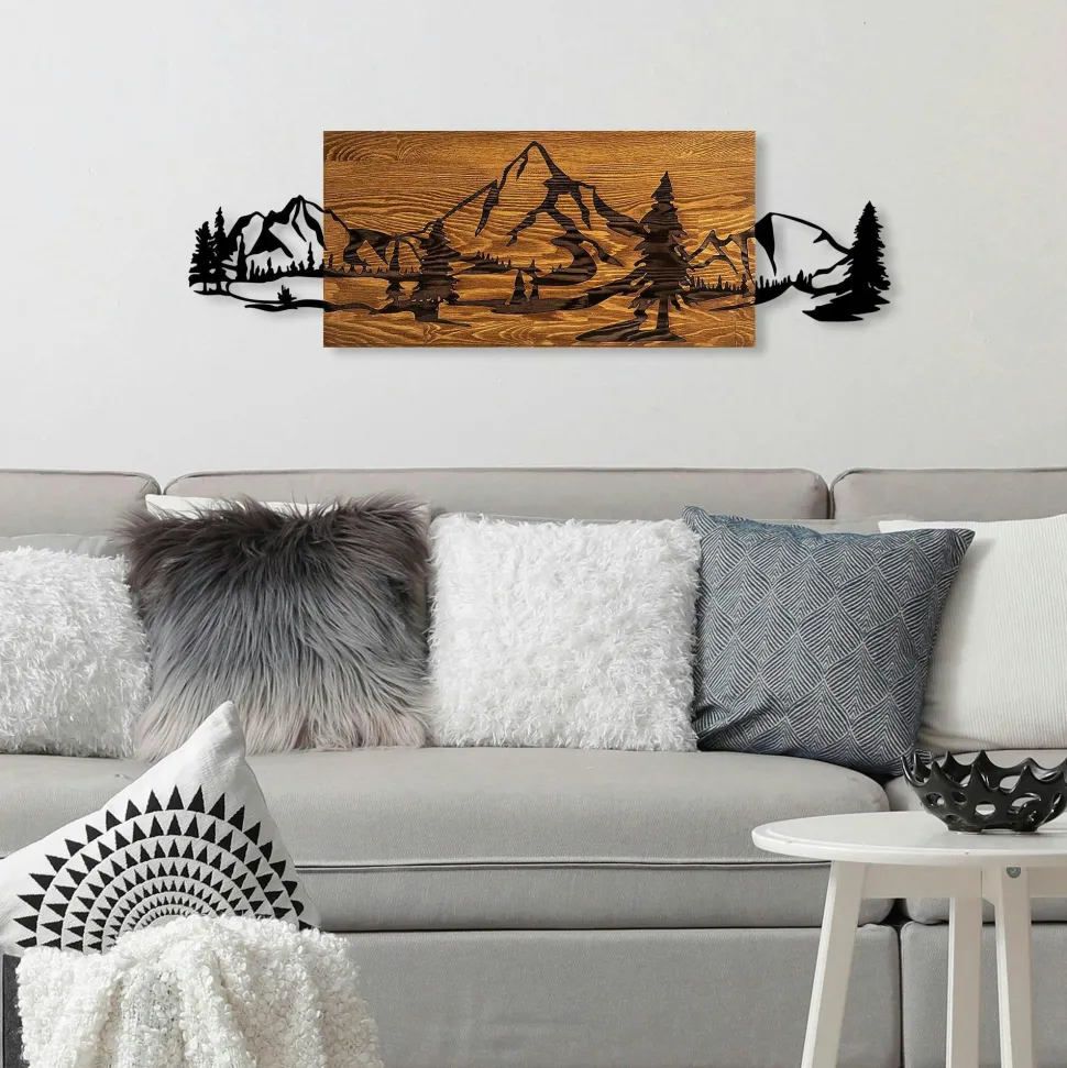 Décoration murale en métal et bois – paysage de montagne