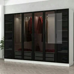 Dressing 6 portes verre, 2 tiroirs & cadre blanc BYRON