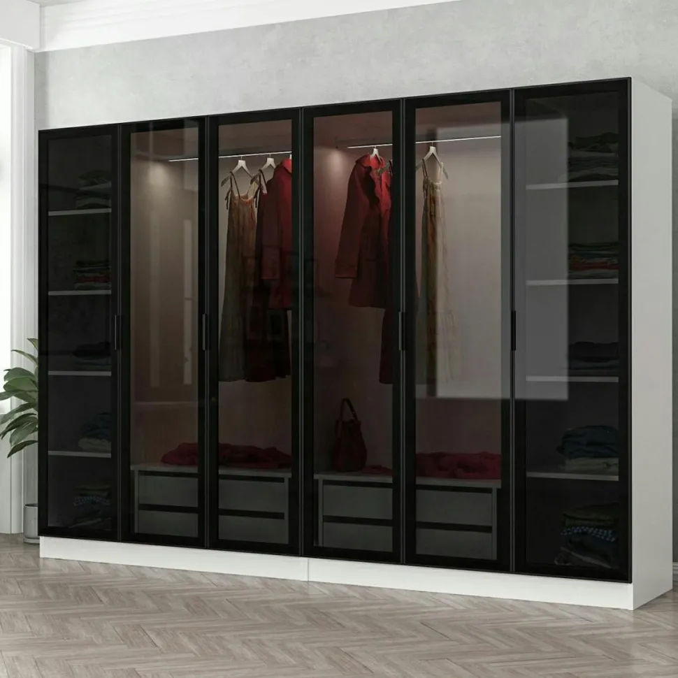 Dressing 6 portes verre, 2 tiroirs & cadre blanc BYRON