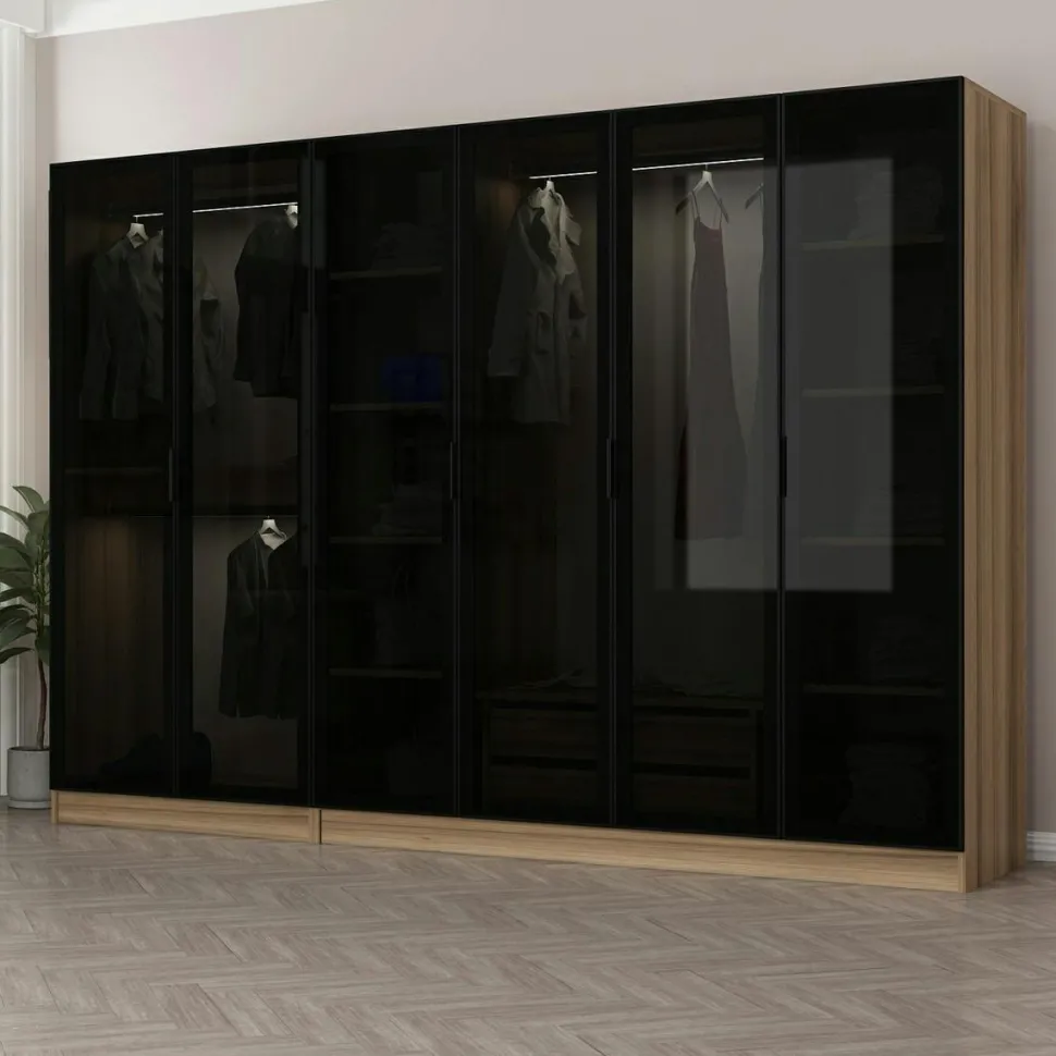 Dressing 6 portes verre, 2 tiroirs & cadre blanc BYRON