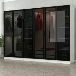 Dressing 6 portes verre, 2 tiroirs & cadre blanc BYRON