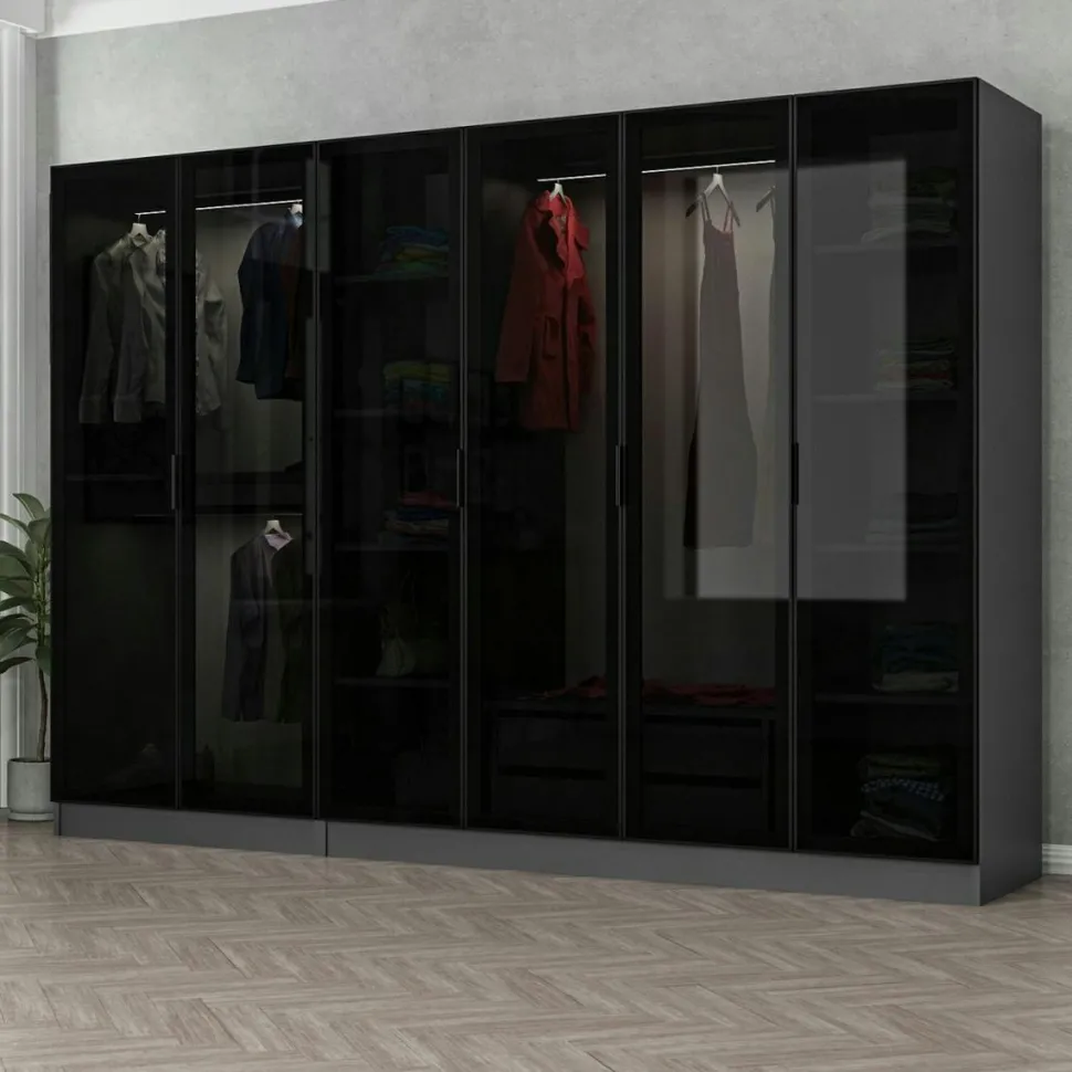 Dressing 6 portes verre, 2 tiroirs & cadre blanc BYRON