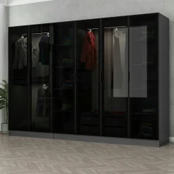 Dressing 6 portes verre, 2 tiroirs & cadre anthracite BYRON