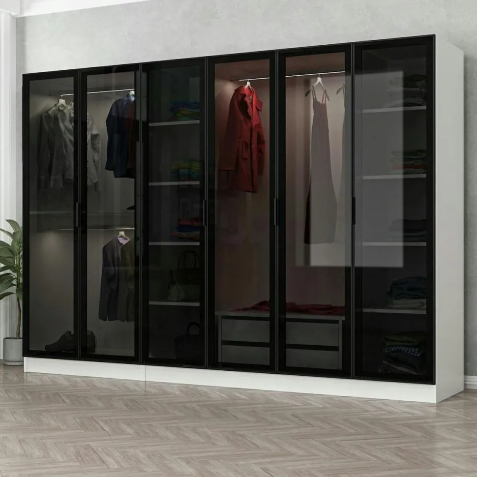 Dressing design 6 portes en verre noir & cadre blanc BYRON