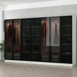 Dressing design 7 portes en verre noir et cadre blanc BYRON