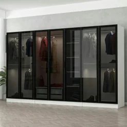 Dressing design 7 portes en verre noir et cadre blanc BYRON