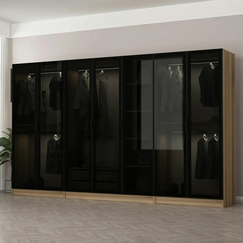 Dressing design 7 portes verre noir & cadre effet noyer BYRON