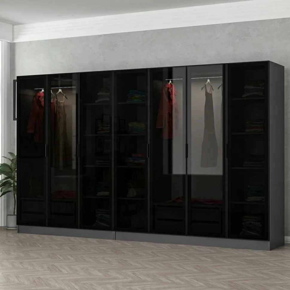 Dressing XXL 5 penderies, blanc & verre noir 190 cm BYRON