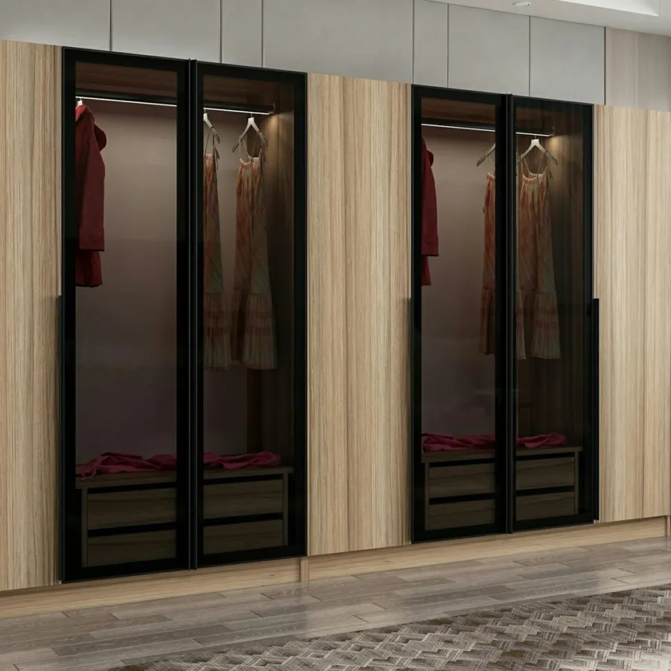 Dressing XXL 2 penderies, effet bois et verre noir BYRON